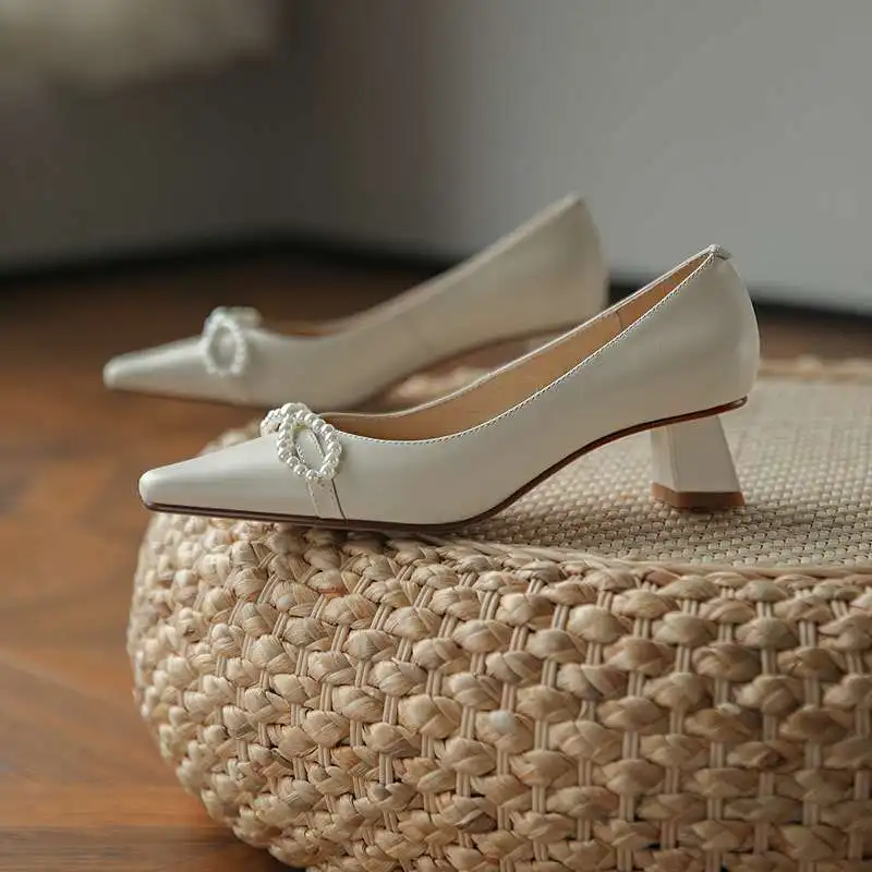 

Krazing Pot 2021 spring newest style genuine leather square toe med heel pearl butterfly-knot pretty girls cozy women pumps L90