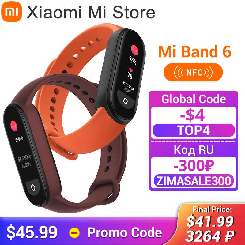 

Global Version Xiaomi Mi Band 6 NFC Heart Rate Monitor Fitness Tracker Blood Oxygen Smart Band Bracelet Spo2 Magnetic Charging