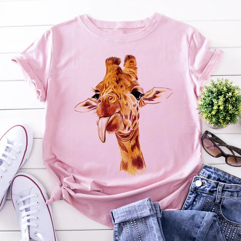 

Футболка женская розовая с принтом жирафа, Повседневная Милая футболка в стиле Харадзюку, с животным принтом, Прямая поставка, на лето