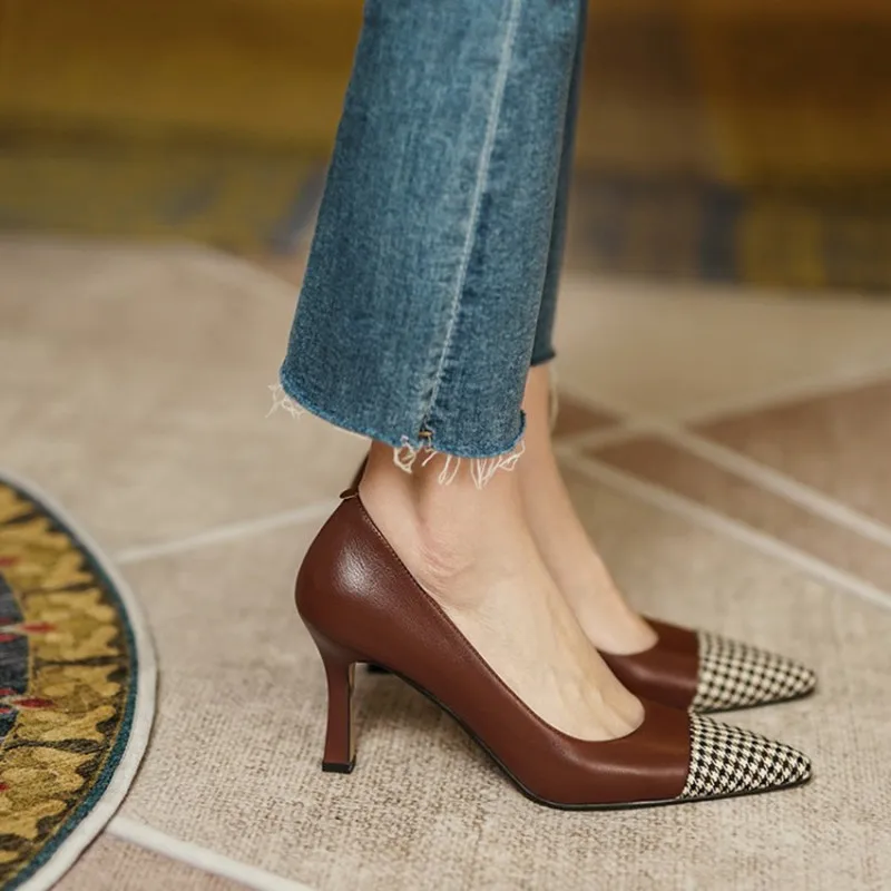 

Изящные женские туфли на тонких высоких каблуках туфли на шпильках для женщин Мода Плед с острым носком из натуральной кожи; Кожаные туфли-л...