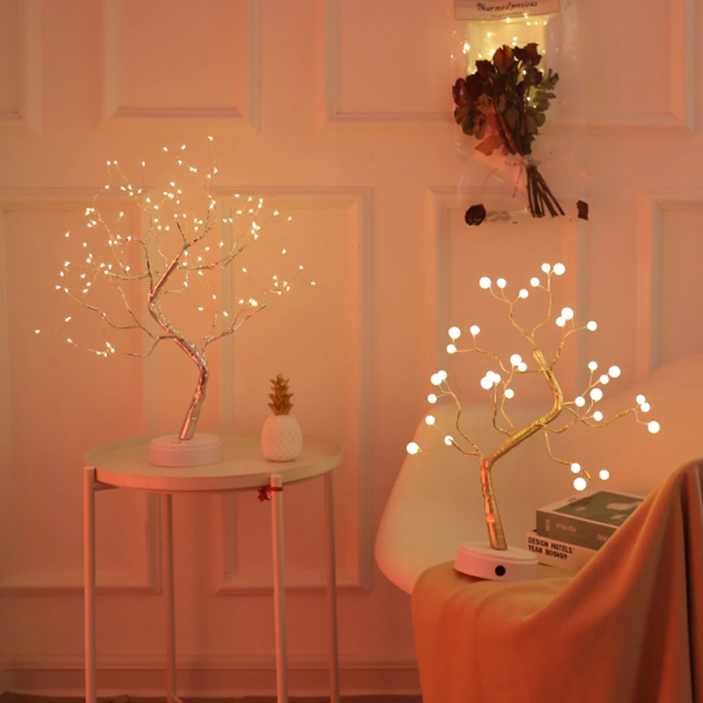USB Powered Greeting Tree Light Touch Bedside Table Lamp Copper Wire String Lights 108 LED For Home Holiday Christmas Decor | Лампы и