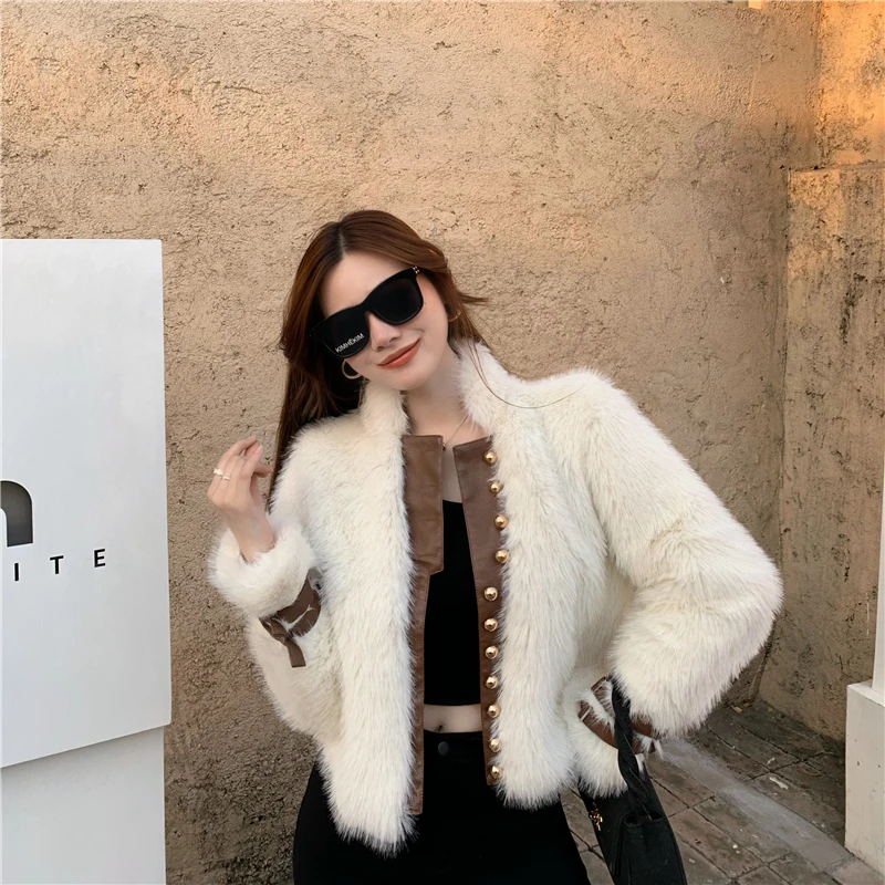

Cotday Winter 2021 New Stand-up Collar Imitation Fur Korean Fashion Temperament Court Style Women Short One Piece Of Fur Coat