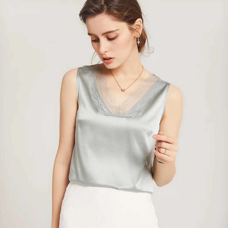 

SuyaDream Women Silk Tanks Silk Satin Sleeveless Solid Lace V neck Tank Tops 2021 Summer Chic Shirts