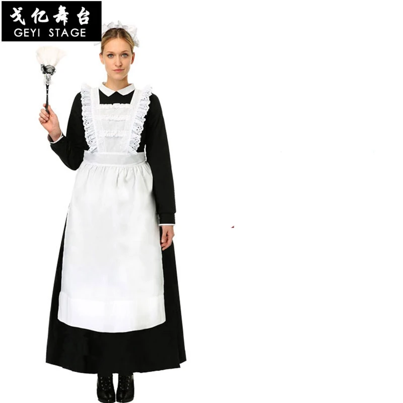 

Women Maid Cosplay Sexy Costume Long Sleeves Doll Collar Down Long Maxi Fancy Dress with Apron and Headpiece Maid Sexy Costume