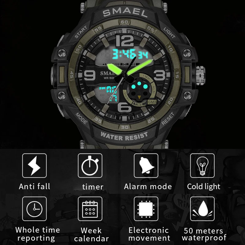 Часы SMAEL Мужские кварцевые аналоговые модные спортивные светодиодные цифровые