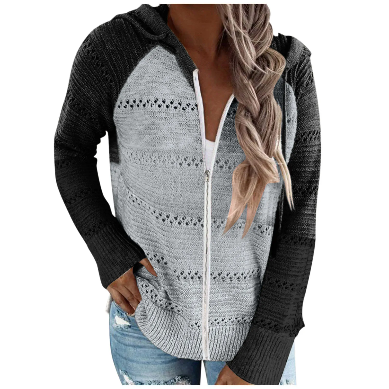 

Women Casual Patchwork Jackets Fashion Knitted Long Sleeve Hooded Cardigan Jacket Tops Zipper Drawstring Autumn Winter Coat