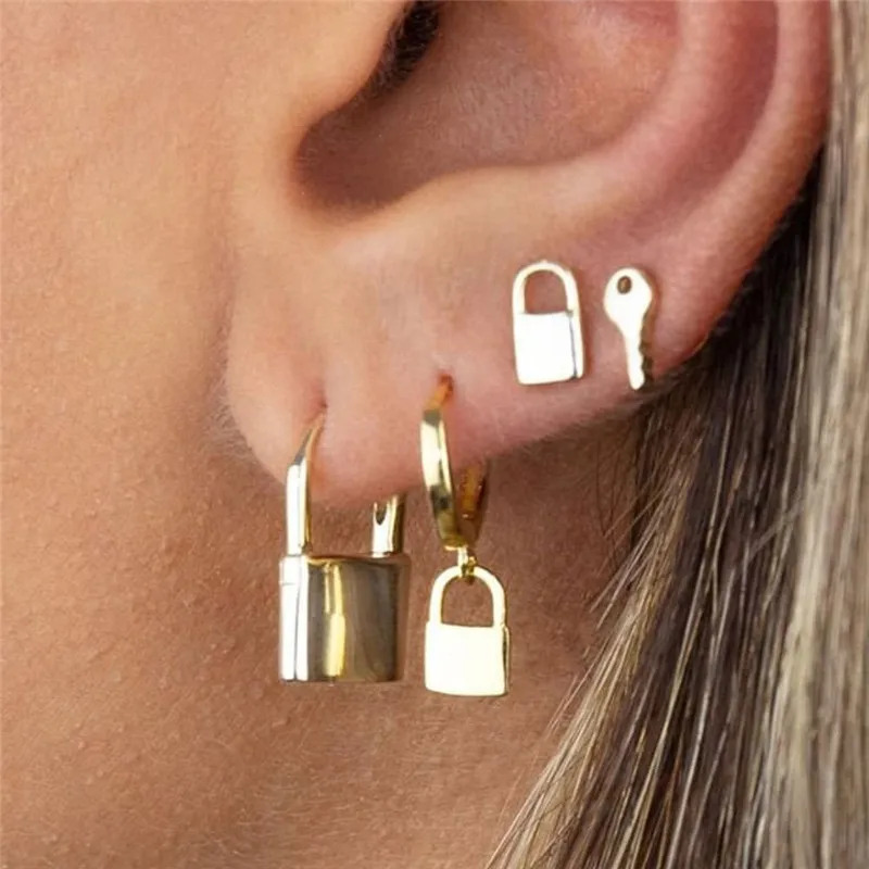 

set Punk Vintage Gold Silver Color Key Lock Stud Earrings For Women Wholesale