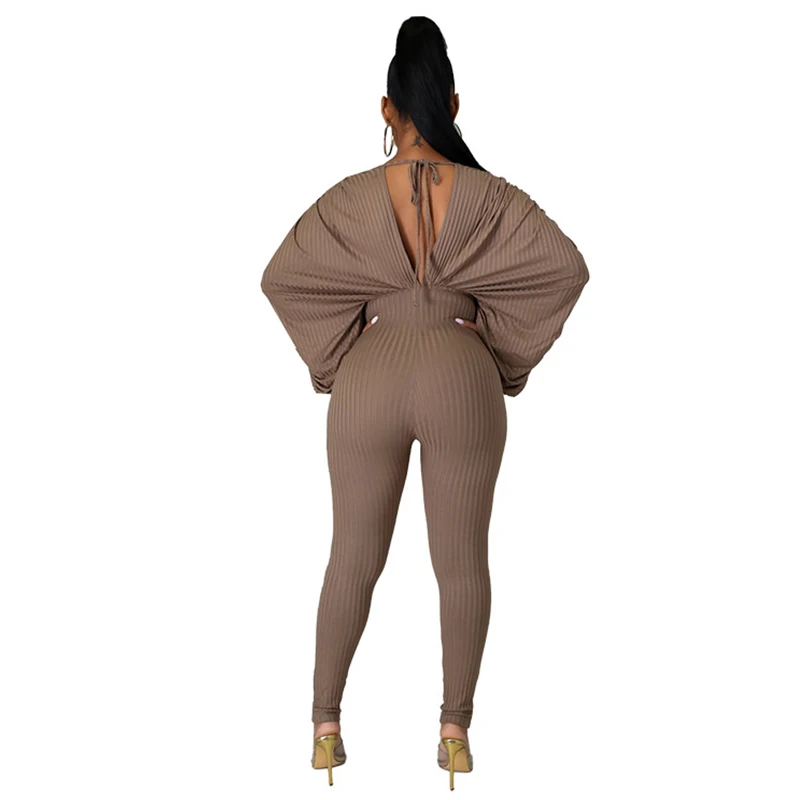 

One Piece Outfit Women Fashion V Neck Batwing Sleeve Hollow Back Drawstring Leisure High Waist Jumpsuit Wholesale Dropshipping