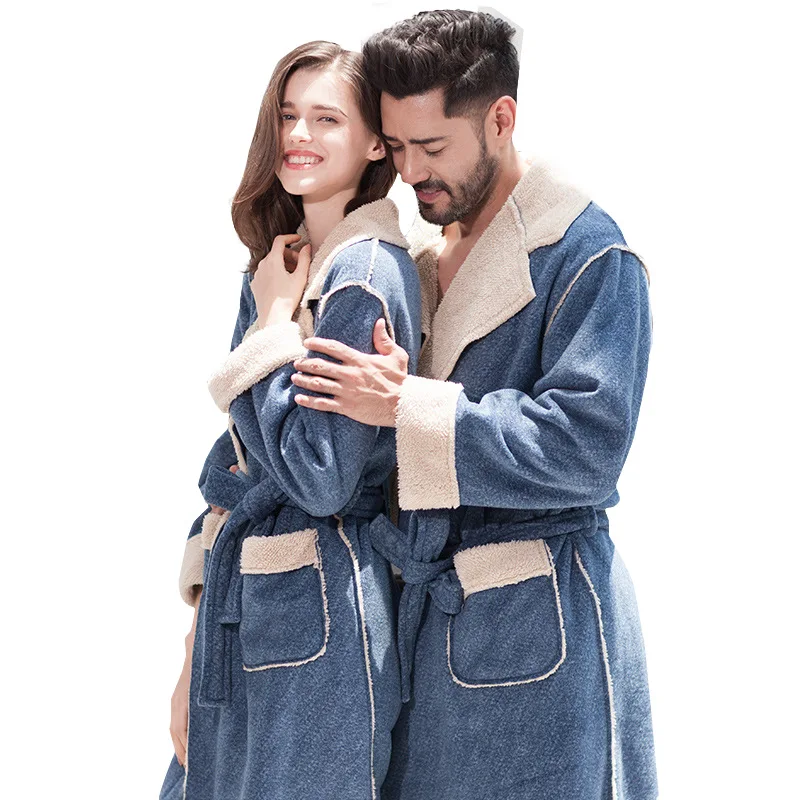 Autumn and Winter Bathrobe Couple Pajamas Female Nightgown Thickened Flannel Large Size Home Service Men and Women Extended Suit