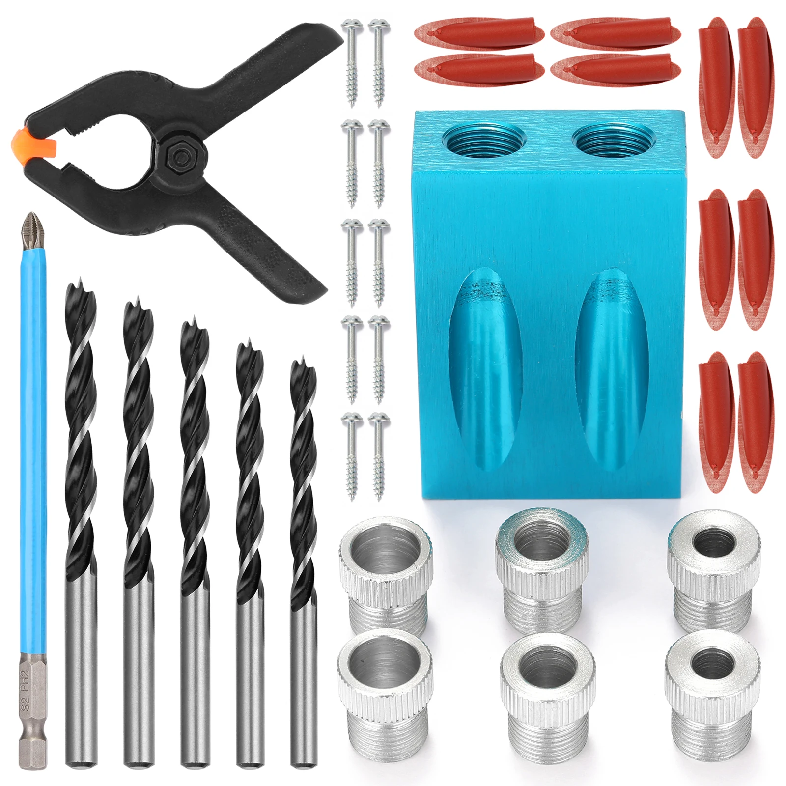 

34Pcs inclined hole locator Hole Opener 15 Degree Oblique Hole Locator Drill Bits Jig Guide Clamp DIY home Woodworking Tools
