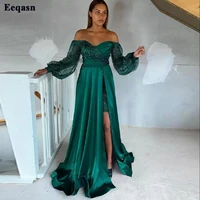 eeqasn green sequin satin evening dresses long puff sleeves formal prom gowns women party dress with overskirt night club gown