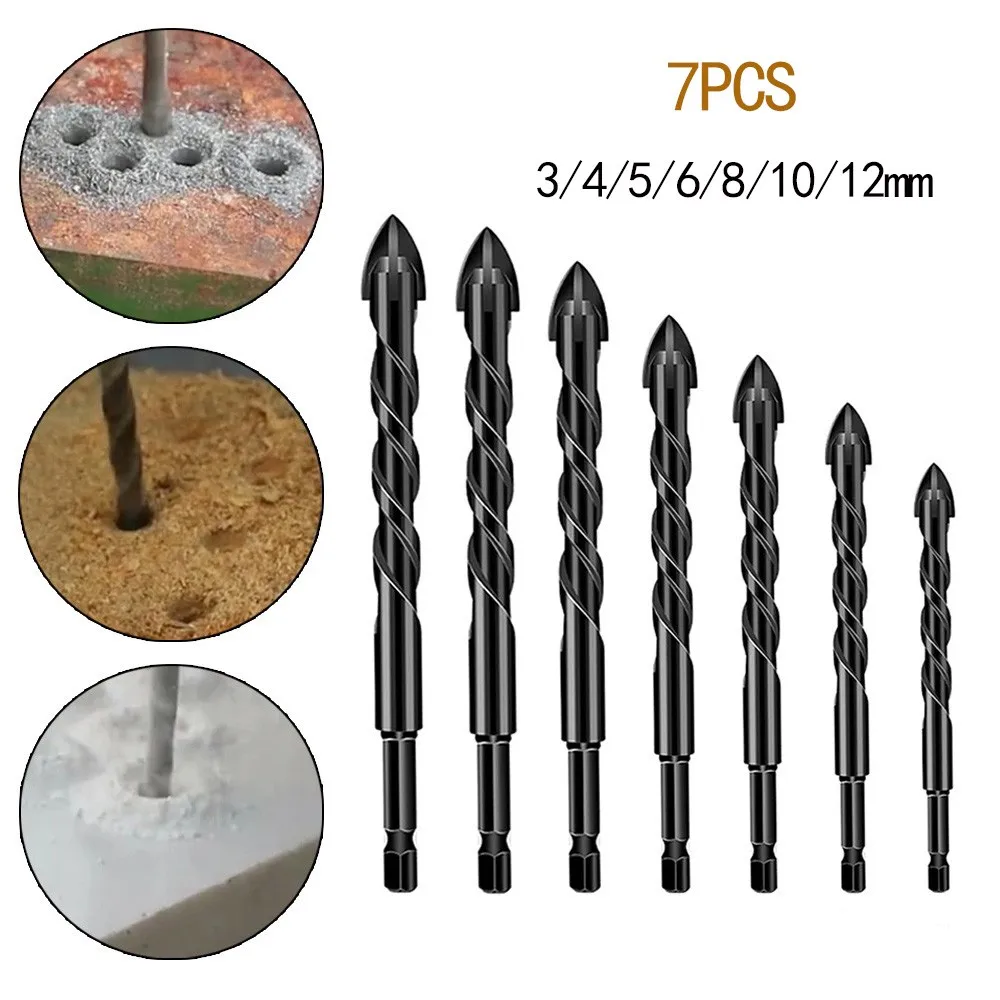 

7Pcs 3-12mm Universal Cross Hex Shank Spiral Groove Bits Multifunctional Alloy Bit For Ceramic Wood Tile Woodworking Power Tools