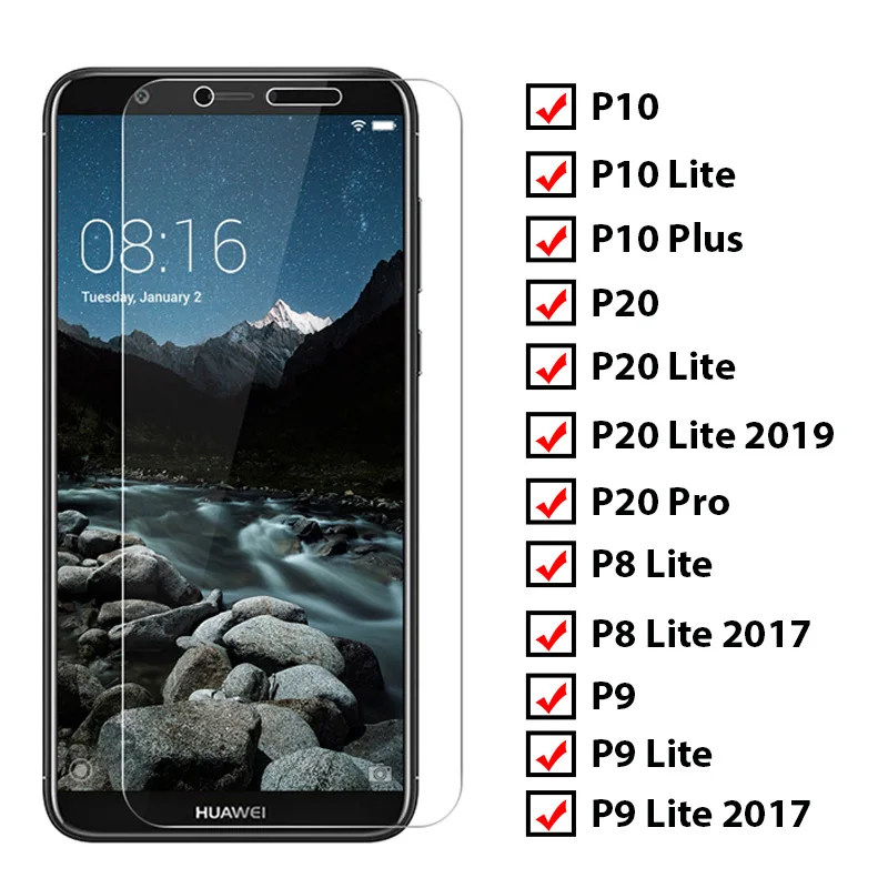 Защитное стекло Toughed Tempered Glass 9H HD для Huawei P20 Pro P10 Plus P9 Lite 2019 Screen Protector на P8 2017.