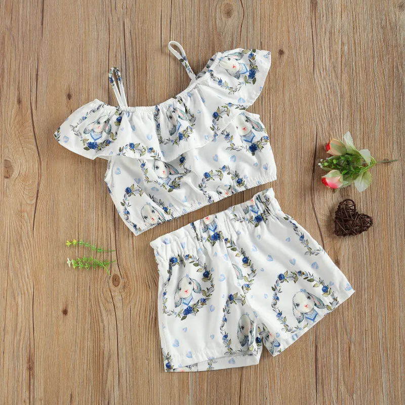 

Летняя Пасхальная Одежда для младенцев, топ без рукавов с принтом кролика и оборками и круглым вырезом + шорты, 2 шт., 2021