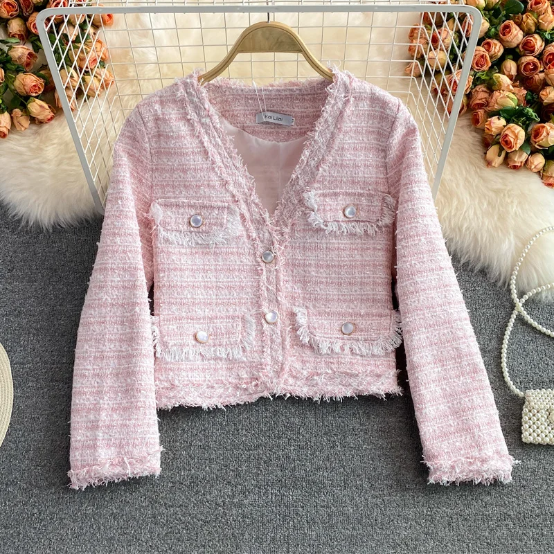

Wool Blends Tweed Plaid Jacket Coat Women Autumn Winter Long Sleeve Short Coats Fashion Casual Outwear