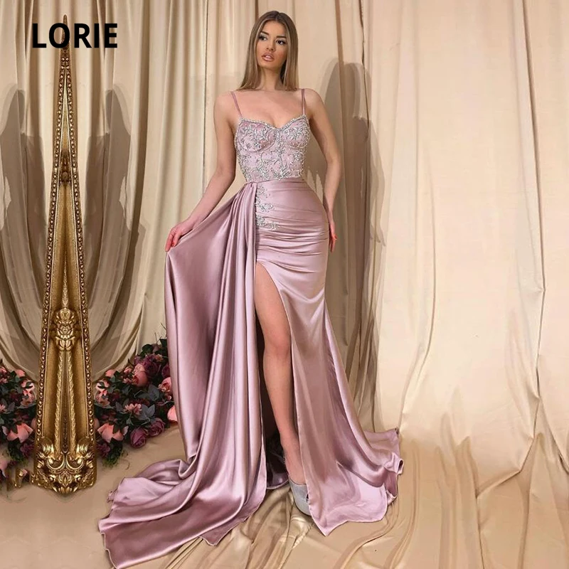 

LORIE Arabic Evening Dresses with detachable Skirt Spaghetti Strap Beaded Satin Side Split Pink Prom Gown Mermaid Party Dress