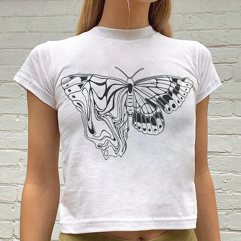 

Butterfly Printed T-shirt Women 2021 New White Short Print Short-sleeved T-shirt Women's Umbilical Bottoming Top