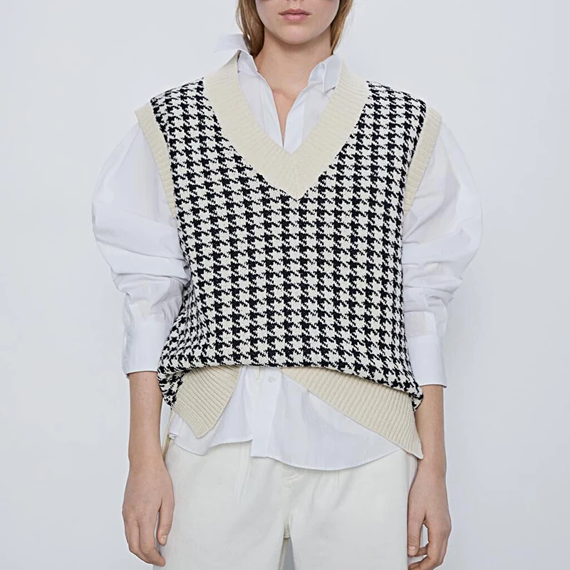 

2 pieces women 2021 fashion oversized knitted vest sweater V neck sleeveless houndstooth loose female waistcoat chic tops