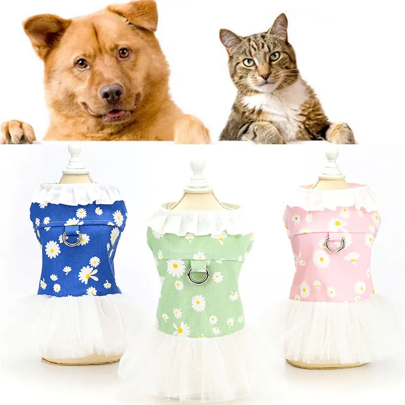 

Summer Sleeveless Dog Vest Cowboy Print Dog Dress Funny Cute Towing Hook Gauze Skirt Flower Fashion Comfortable Pet Clothing