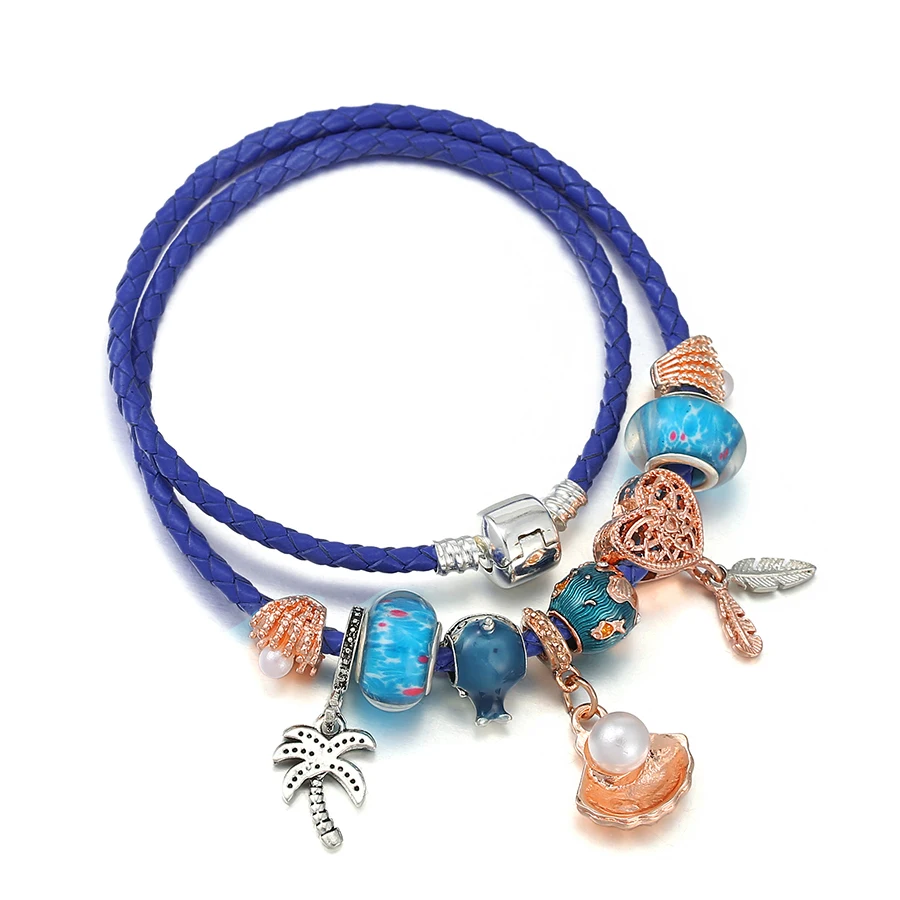 

Seialoy Summer Women's Cyan Leather Bracelets Rose Gold Shell Pearl Pendant Ocean Narwhal Beads Dream Charm Weave Bracelet Gift