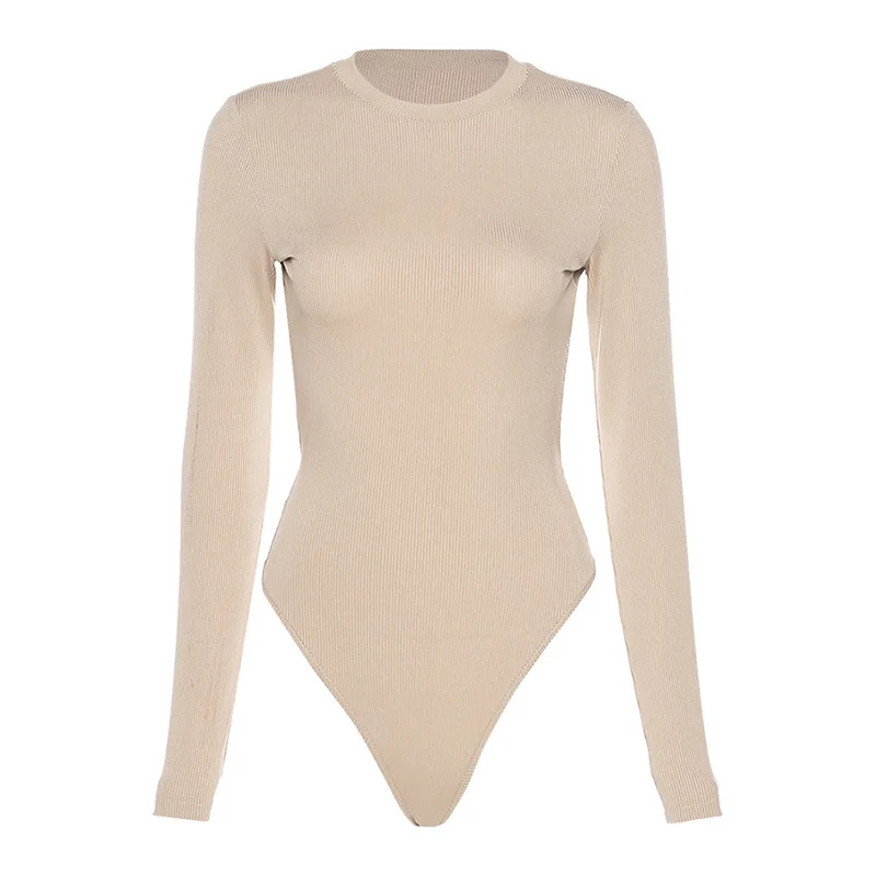 

Shestyle Backless Spring Bodysuits Women 2021 Stylish Round Neck Khaki Elastic Rib-Knited Plain Bodycon Sexy Laddy Top Body