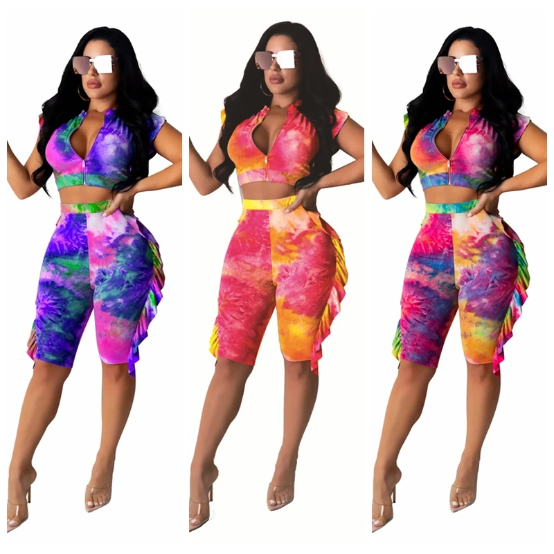 

2020 New Colorful Printed 2pcs/set sports set Fashion women crop top+ruffles short bottom casual beachwear