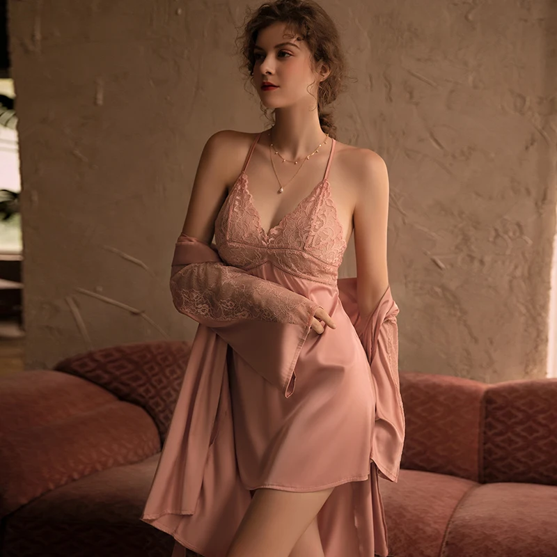

NEW Sexy Female Pajamas Silk Robe Gown Set Summer Sleepwear Kimono Bathrobe Lace Wedding Lingerie Night Dress Home Suit Homewear