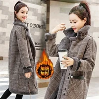 female coat 2021 autumn winter new womens mid length korean version lamb like fur wool one piece plaid coat woolen jacket women