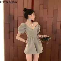 summer fashion women playsuits fashion new sexy v neck puff sleeves sexy bodysuits a line wide leg jumpsuits solid color romper