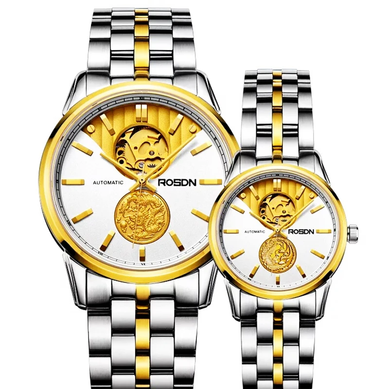 

New ROSDN Limited Women's Watches Luxury Brand Japan Automatic Mechanical 24K Gold 50M Waterpoof Skeleton Couples Clock R2100W