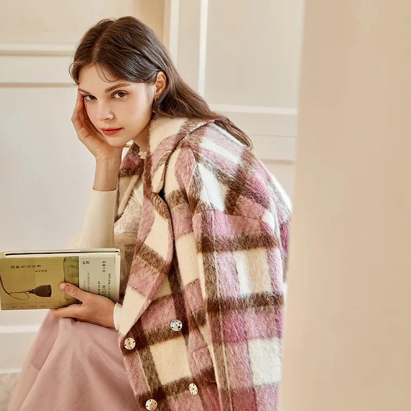 

SHZQ Plaid Coat Women's Middle and Long 2021 Winter New Korean Loose Suit Lapel Wool Coat