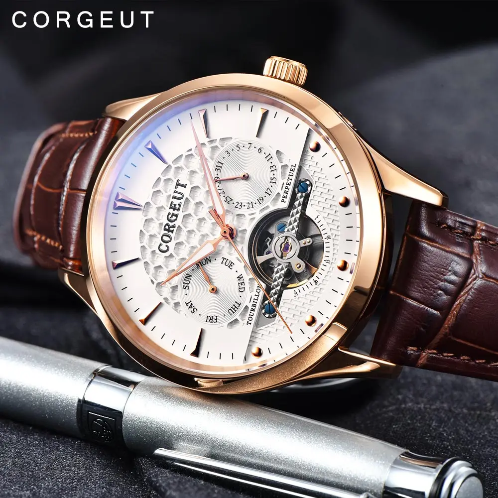 Corgeut 44 мм черный циферблат маленький купольный стеклянный розовый Золотой корпус