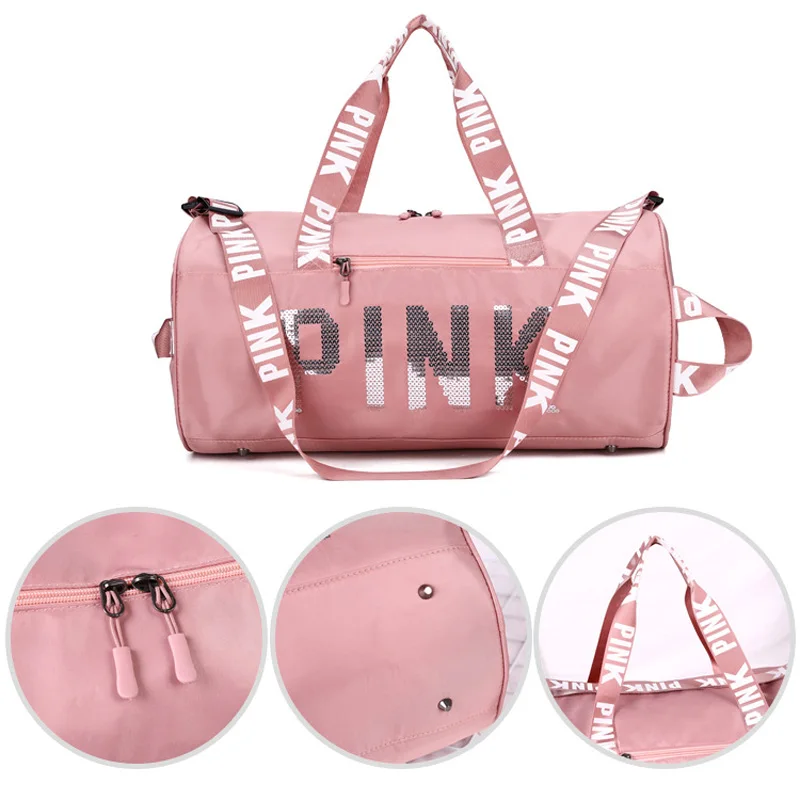 Large Capacity Women Travel Bag Fitness Training PINK Bag Sequins Letter Outdoor Sports Yoga Handbag Sports Girl Crossbag