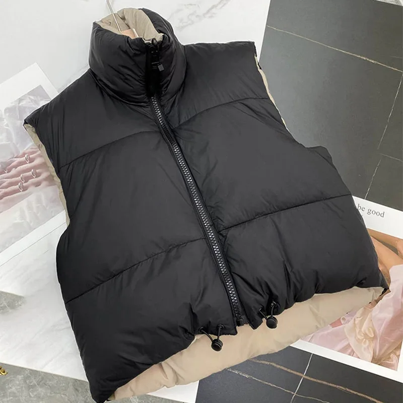 

Women Vests Warm Sleeveless Parkas Waistcoats Women Casual High Collar Vest Jacket Female Outerwear Short Cotton Reversible Top