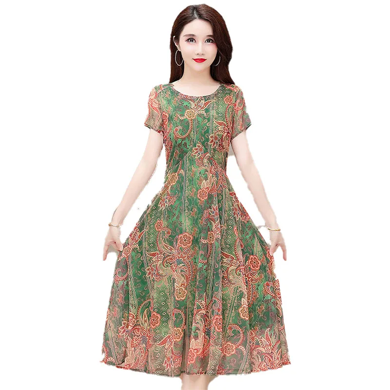 

Women Summer Boho Midi Dress Fashion Printed Chiffon Beach Dress Female Short-sleeved O-neck Korean Loose Dresses Party Vestidos