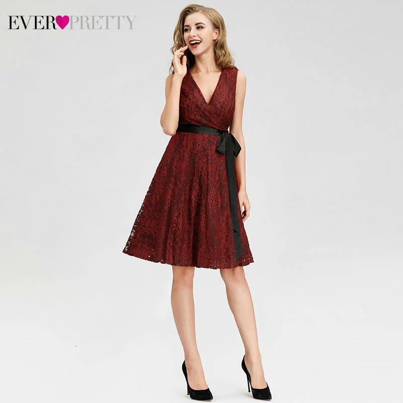 Красные Короткие коктейльные платья Ever Pretty A-Line с v-образным вырезом без рукавов с бантом и поясом мини-платье сексуальные кружевные вечерние платья Vestido Cocktail