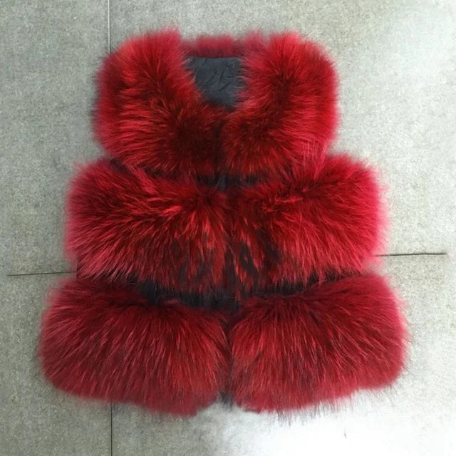 Red JKKFURS Модный стильный женский жилет из натурального меха енота Зимний толстый теплый модный жилет 3 ряда S1150B - Цвет: Red