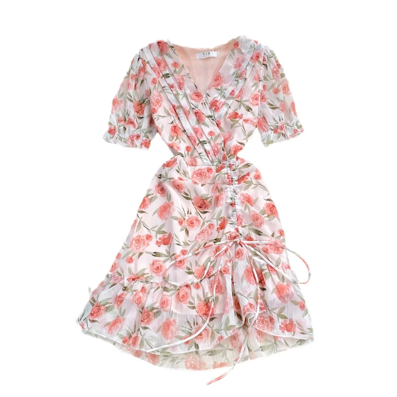 

Girls Beautiful Floral V-neck Chiffon Dress Fashion Super Fairy Ruffle Short Sleeve drawstring Dress Women Age Reduce Dresses