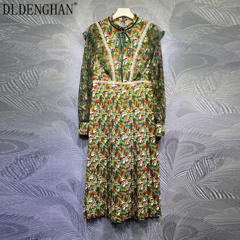 

Дизайнерское винтажное плиссированное платье DLDENGHAN с цветочным принтом, женские летние кружевные лоскутные платья с воротником-стойкой и д...