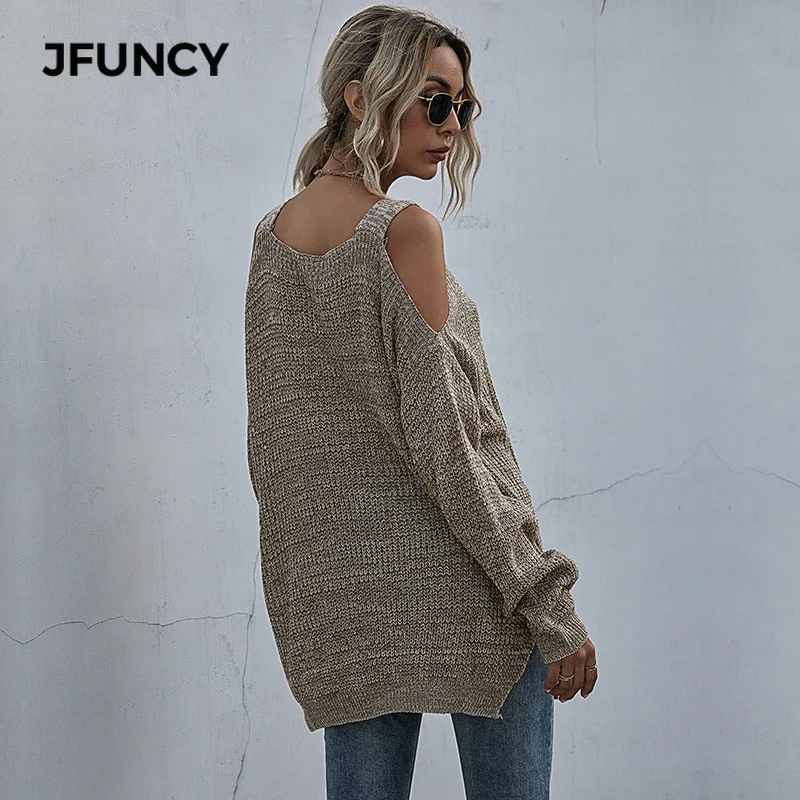 

JFUNCY 2020 Autumn Winter Women's Long Sleeve Strapless Sweater Solid Color Casual Loose Knitted Sweater Female Thin Knitwear