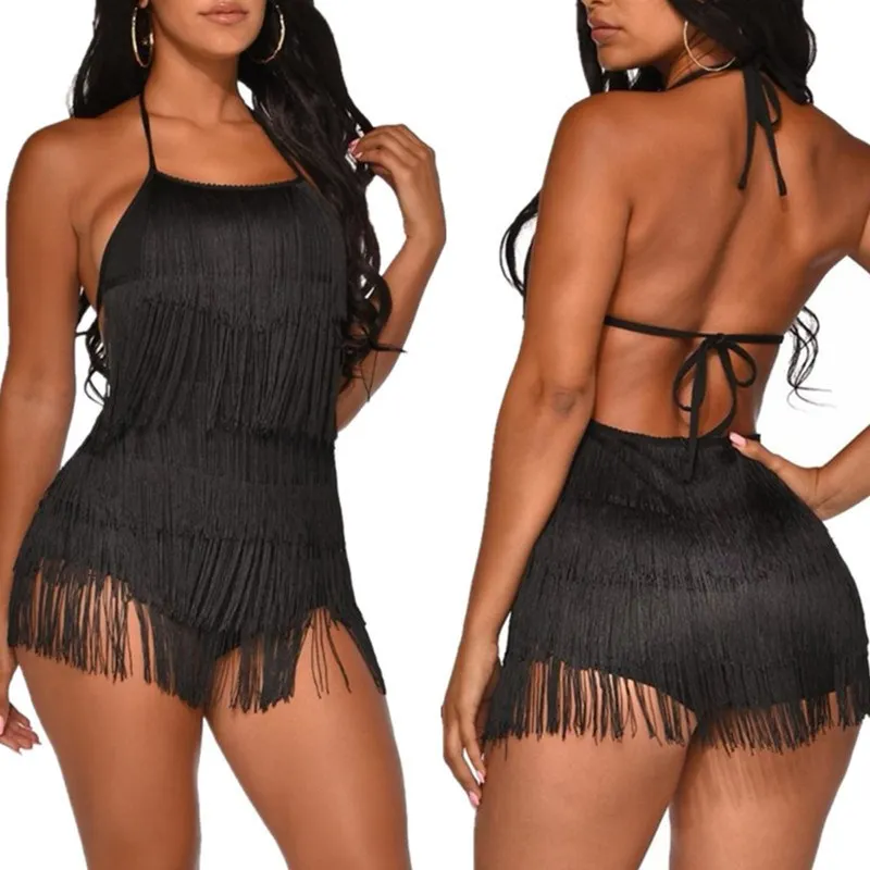 Осенний сексуальный комбинезон с v-образным вырезом и кисточками женские