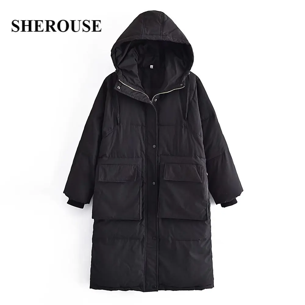 

Женское длинное стеганое пальто Sherouse, зимняя теплая парка с капюшоном и длинными рукавами, большие размеры