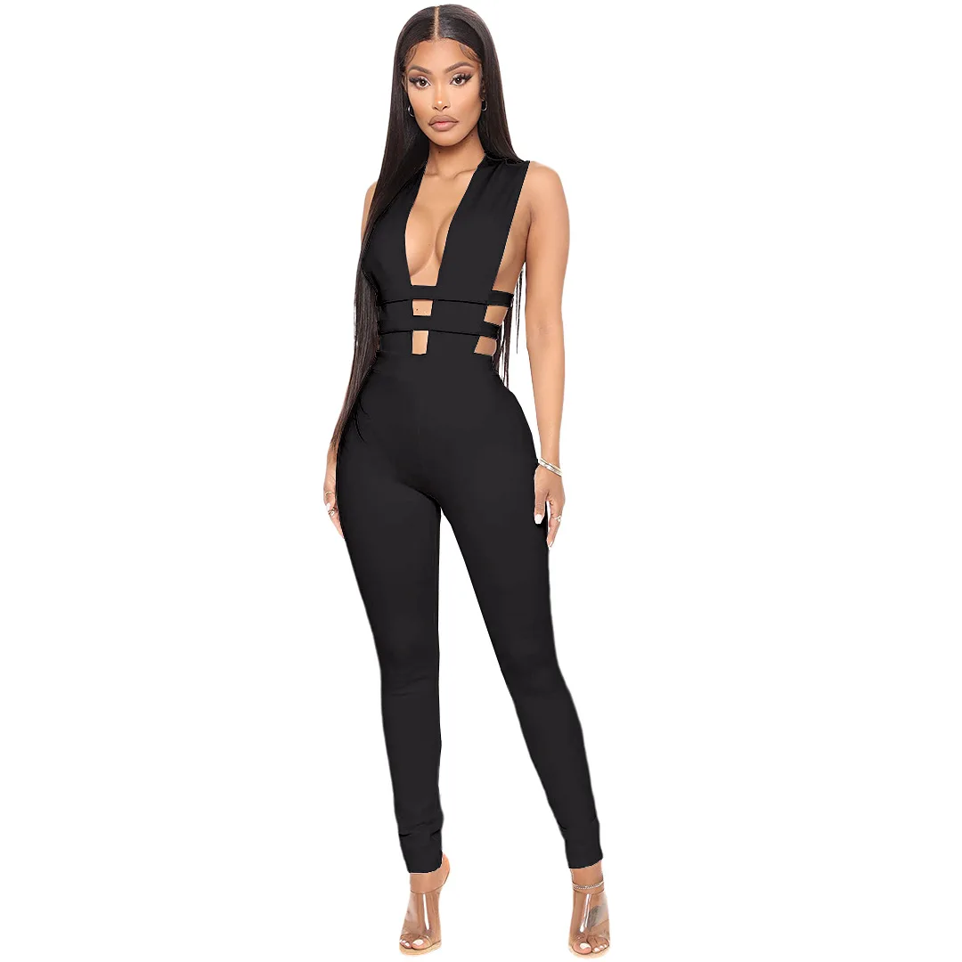 

European and American women's summer and autumn nightclub solid color hollow zipper deep V-neck sexy jumpsuit