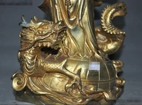 Old Chinese bronze Gilt station Dragon turtle Kwan-yin Bodhisattva Buddha Statue
