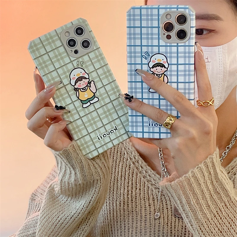 

Kawaii Japanese Lattice Couple Phone Case For iPhone 12 11 Pro Max X Xs Max Xr 7 8 Puls Cases Cute Soft Leather Cover Coque