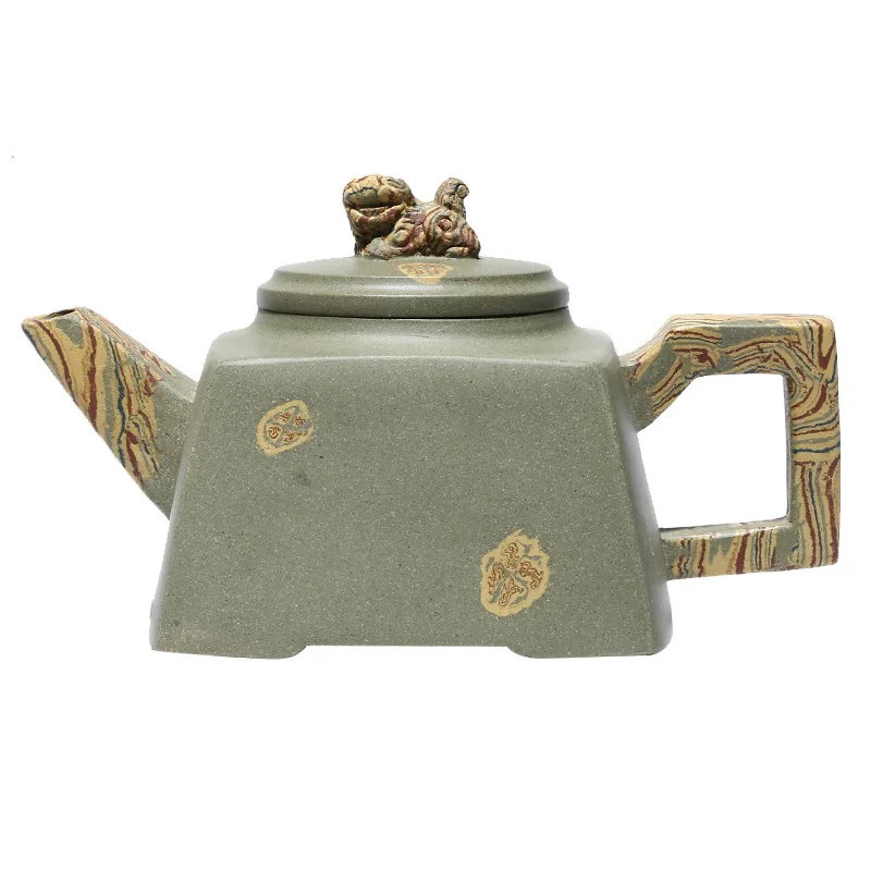 

Famous hand made teapot Yixing raw bean green mud square auspicious purple clay pot