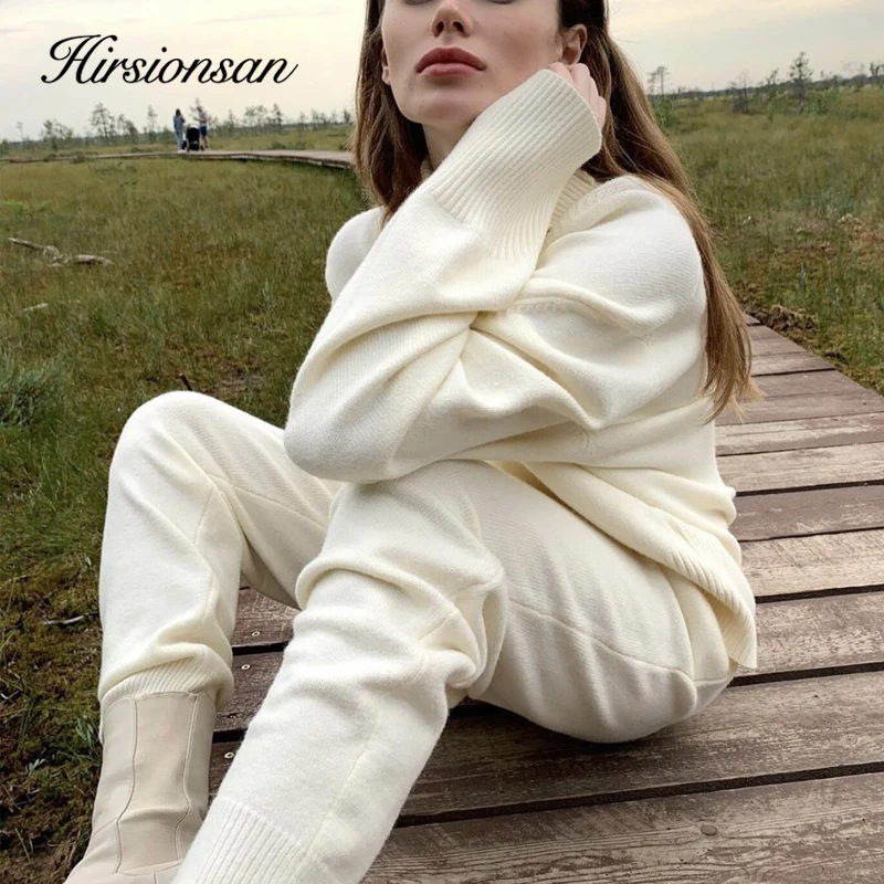 

Hirsionsan Winter Thick Women Suits 2 Pieces Female Set Tracksuit Turtleneck Sweater & Carrot Jogging Pants Soft Knitted Outwear
