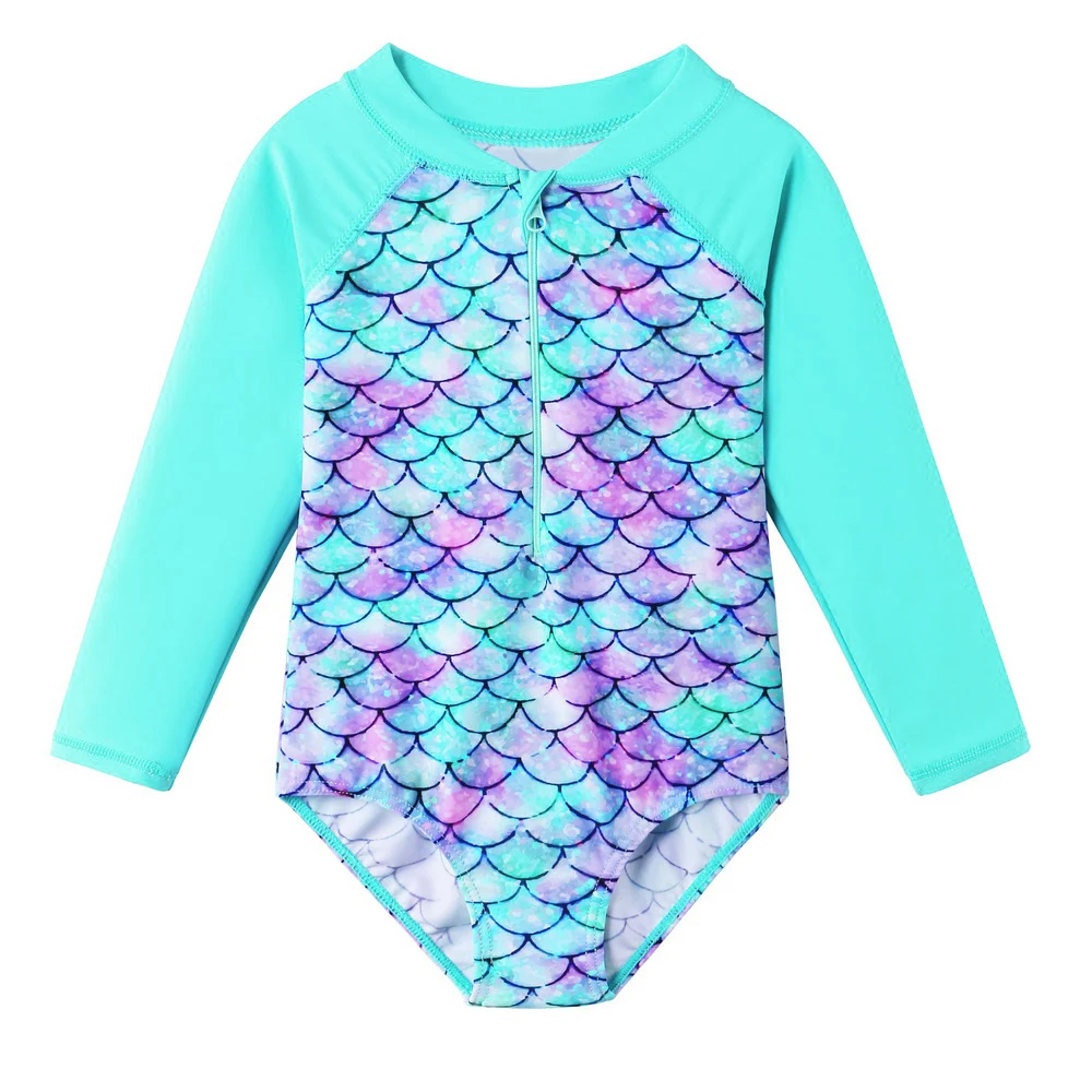 BAOHULU Long Sleeve Girls' Swimsuit Kids One Piece Sparkly Scales Bathing Suits Girl Children's Swimwear UV50+ Rash guards Teens