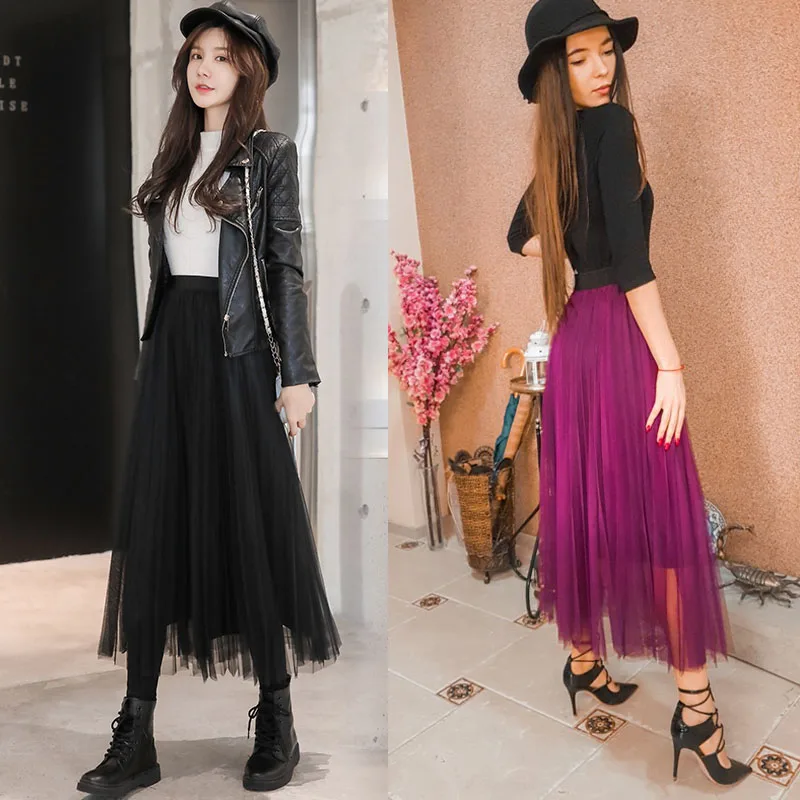 Плиссированная фатиновая юбка TingYiLi черная бордовая фиолетовая серая зеленая