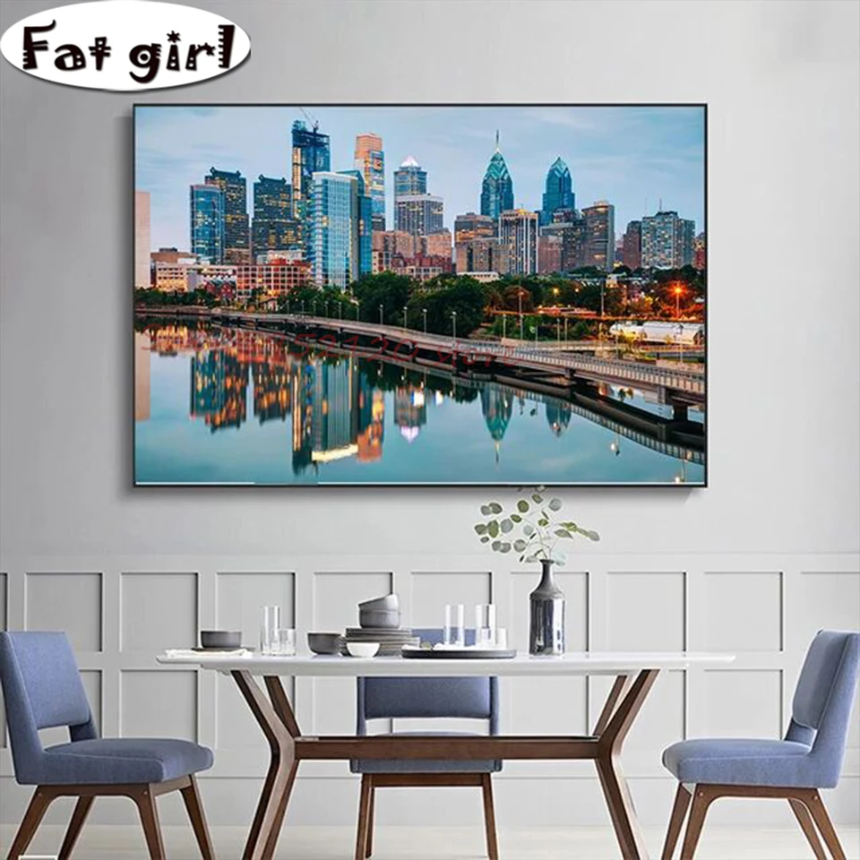 

Handmade Decor Diamond Painting Modern metropolis architectural landscape 5D Square Round Drill Cross Stitch River bridge Mosaic